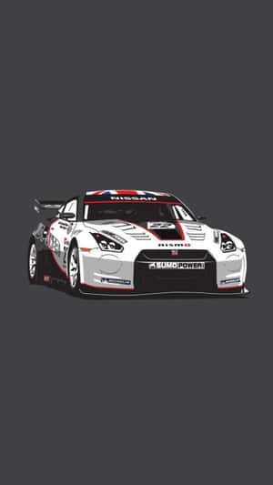 深灰色背景上的白色和紅色日產GT-R賽車與Sumo Power品牌標誌。 — 藝術 壁紙