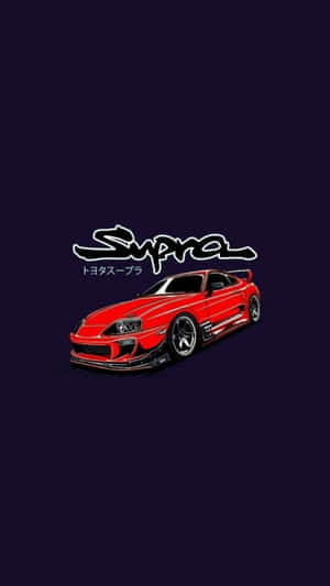 紅色豐田Supra跑車插圖，深紫色背景上帶有「Supra」文字。 — 藝術 壁紙