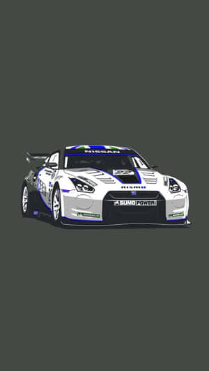 深灰色背景上帶有Sumo Power塗裝的白色和藍色日產GT-R賽車。