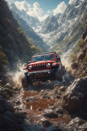 紅色Jeep在岩石峭壁和晴朗天空的山峽中行駛於泥濘溪流