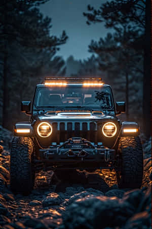 黑色Jeep Wrangler在黃昏時分開著車頭燈行駛在森林中的岩石小徑上