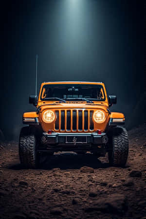 橙色Jeep Wrangler亮著車頭燈，在黑暗泥土上，聚光燈下