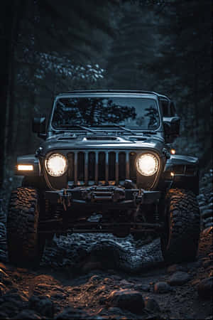 黑色Jeep Wrangler車頭燈照亮夜間岩石森林小徑
