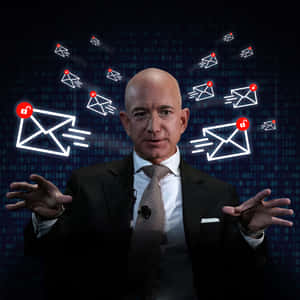 Jeff Bezos 被漂浮的電子郵件圖標包圍，背景為數字代碼。 — iPad Pro 11 壁紙