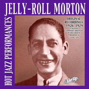 Jelly-Roll Morton 在紫色邊框的棕褐色調中微笑的復古專輯封面肖像。 — 猶他爵士 壁紙