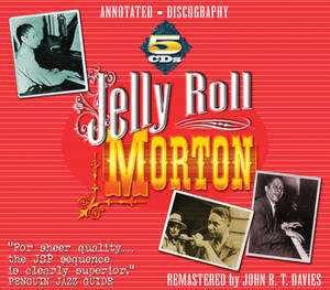 Jelly Roll Morton 註釋唱片目錄的專輯封面，帶有復古照片和華麗字體。 — 音樂美學 壁紙