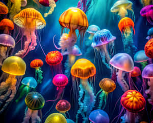 色彩繽紛的發光水母在深藍色海水中飄動，帶有發光的觸手。