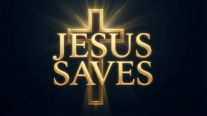 金色Jesus Saves文字同發光十字架喺黑暗背景上