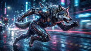 機械狼在雨夜中奔跑於霓虹城市