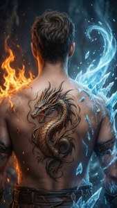 一個有龍紋身的男人，被火和冰包圍。