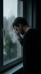 男子在昏暗光線下，手按額頭，望向沾滿雨水的窗外