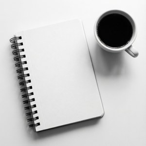 白色書桌上的空白筆記本和咖啡杯