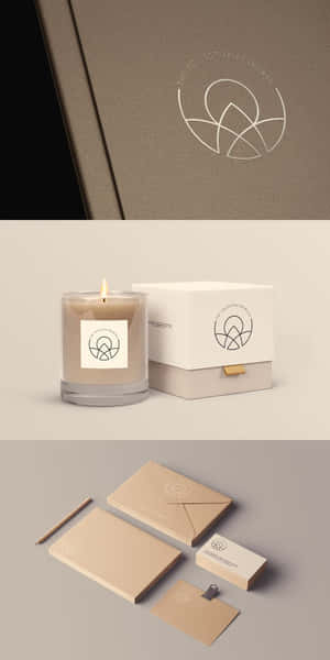 豪華米色蠟燭和文具套裝，帶有簡約標誌品牌形象。 — 極簡美學 壁紙