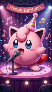 粉紅色Jigglypuff在生日舞台上唱歌，伴有五彩紙屑和音符。