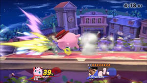 Jigglypuff 在色彩繽紛的夜間格鬥遊戲場景中攻擊 Little Mac。