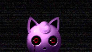扭曲的紫色Jigglypuff，帶有發光的紅眼睛和一滴眼淚，在一個有故障的黑暗場景中。