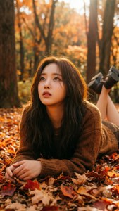 年輕女性穿著棕色毛衣躺在森林秋葉上，正值黃金時刻