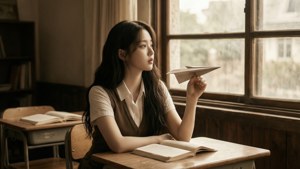 年輕女性穿校服在木桌旁拿紙飛機近窗邊有打開的書本