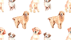金毛尋回犬及幼犬重複圖案的水彩插圖。