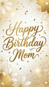 Happy Birthday Mom 賀卡，帶有金色花朵和五彩紙屑。