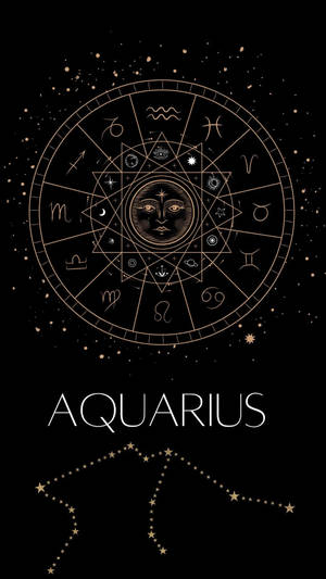 水瓶座黃道輪，帶有星座和星星符號，背景為黑色。