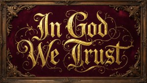 金色「In God We Trust」文字以華麗字體呈現，置於紅色天鵝絨上，並有金色邊框。