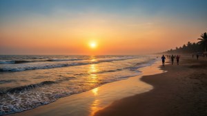 人們在金色夕陽下沿著海灘慢跑，伴隨著海浪。