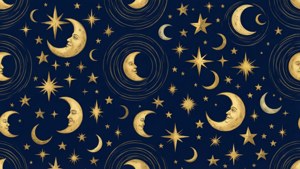 深海軍藍背景上微笑的金色月亮和星星的天體圖案。