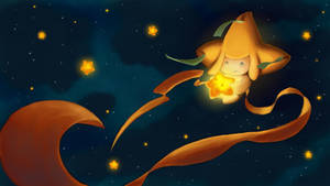 一個發光的星星生物帶著絲帶在星光燦爛的夜空中漂浮。