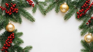 節日聖誕框架，白色背景上有綠色松樹、紅色漿果和金色裝飾。