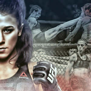 身穿UFC裝備嘅女MMA拳手，背景係八角籠動作相片。