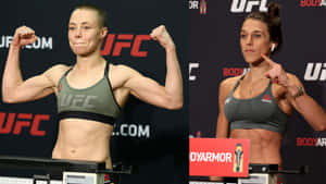 兩名女性UFC拳手在稱重活動中擺姿勢。