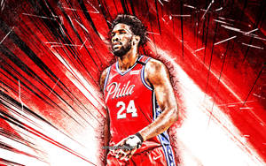 籃球運動員 Joel Embiid 身穿紅色費城 76 人隊球衣，動態紅白背景。