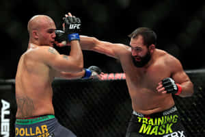 比賽期間，兩名男性MMA拳手在八角籠內互相出拳。