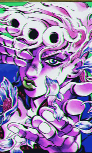 動漫角色，擁有紫色頭髮和發光的眼睛，被超現實的漂浮手和花瓣包圍。