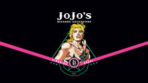 JoJo的奇妙冒險標誌， featuring 角色Dio，帶有粉紅色和藍綠色的幾何裝飾。