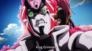 擁有綠色眼睛和紅白面具的動漫角色King Crimson在藍天下咆哮。