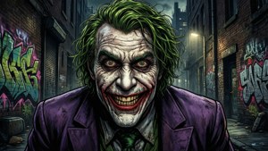 紫西裝的小丑在塗鴉覆蓋的小巷中微笑。