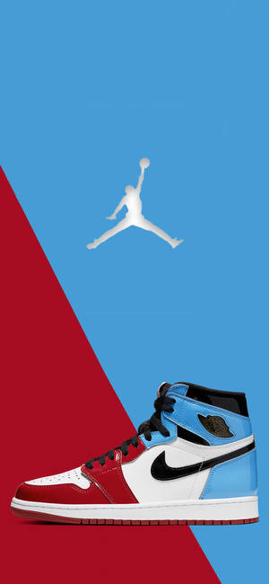 紅、藍、白色的Jordan 1波鞋，Jumpman標誌在分割的紅藍背景上。
