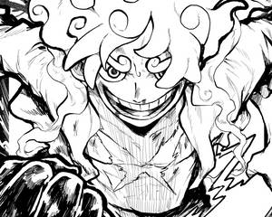 黑白素描風格中，擁有狂野頭髮和瘋狂笑容的動漫角色。