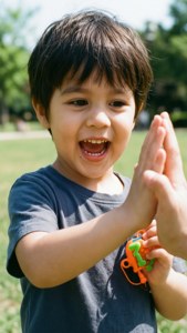一個微笑的孩子在陽光明媚的公園裡拿著水槍拍手。