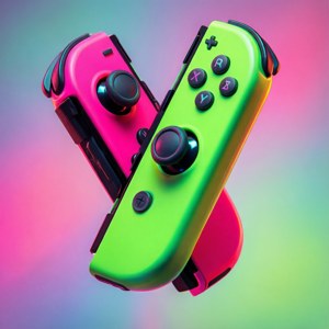 兩個色彩繽紛的 Nintendo Switch 控制器交叉成 V 形，在發光的漸變背景上。