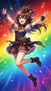 穿著精緻連衣裙的動漫女孩在彩虹星空背景下快樂地跳躍