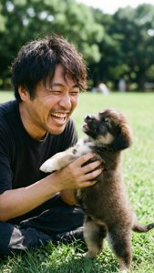 男人在公園的綠色草地上抱著一隻棕色小狗笑著