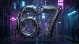 夜晚霓虹燈照亮的未來城市小巷中的巨大鉻色數字67。