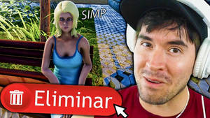 戴耳機的男子對帶有'SIMP'文字和'Eliminar'按鈕的電玩場景做出反應。 — 可愛狗狗gif 壁紙