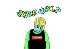 Juice WRLD 插圖，藍色面同黃色頭髮，著住 Supreme 背心。