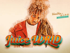 Juice WRLD 肖像，帶有粗體 3D 文字和火熱的橙色辮子，背景為米色。