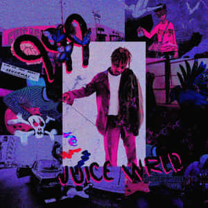 Juice WRLD 的故障藝術拼貼畫，帶有城市塗鴉和鮮豔的粉紫色調。