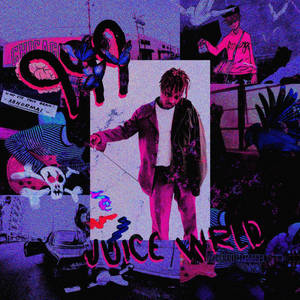 Juice WRLD的拼貼畫，帶有龐克搖滾元素和霓虹色彩。
